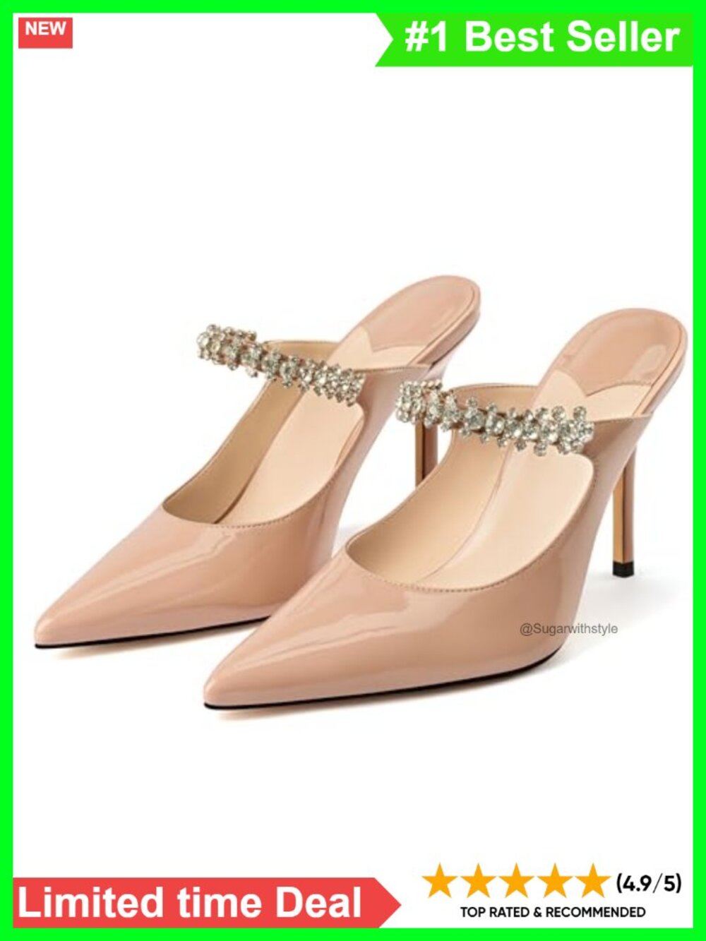 Heeled Mules Pointed Toe Stiletto Rhinestone Strap Memory Foam Dress Party